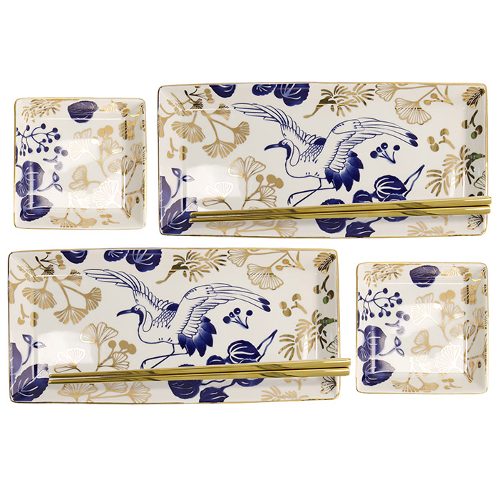 Flora Japonica Gold Sushi Plate Giftset Set, 4 Chopsticks